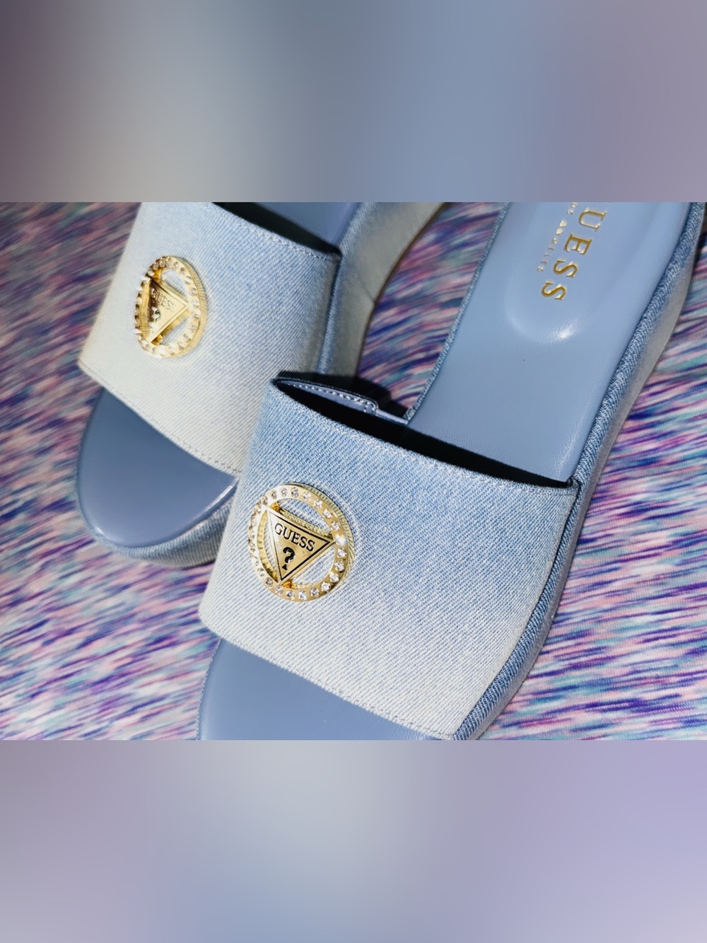 NWOB Guess Pastel Blue Slide Mules with Gold Logo